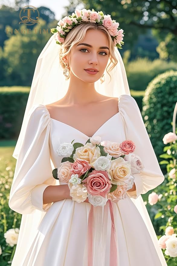TINGE TIME 9 inch Bridal Bouquets for Bride, Artificial Silk Flowers Tossing Bouquet, Bride Bouquets for Wedding, Ceremony, Anniversary (Champange&Pink)