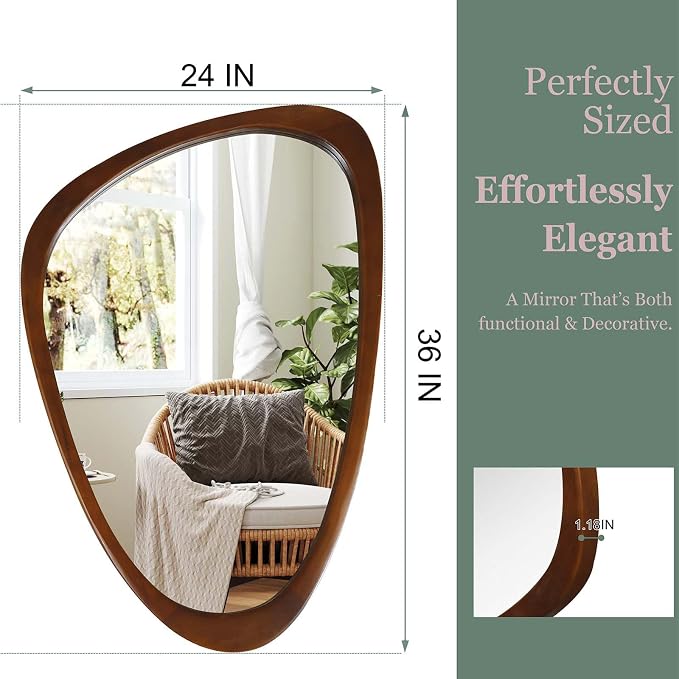 24x36 Inch Asymmetrical Wall Mirror Wood,Rustic Irregular Shaped Vanity Mirror for Bathroom,Bedroom, Living Room, Entryway, Fireplace,Wall Decor,Solid Wooden Frame (Yellow Brown, 24"x36" Inch)