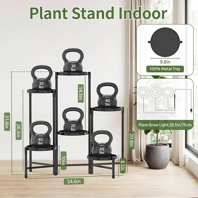 LASZOLA 6 Tier Large Plant Stand Indoor Tall with Grow Lights, Corner Folding Flower Display Rack with 10 Inch Metal Tray, Modern Plant Holder Shelf for Outdoor Patio Porch Garden Living Room, Black