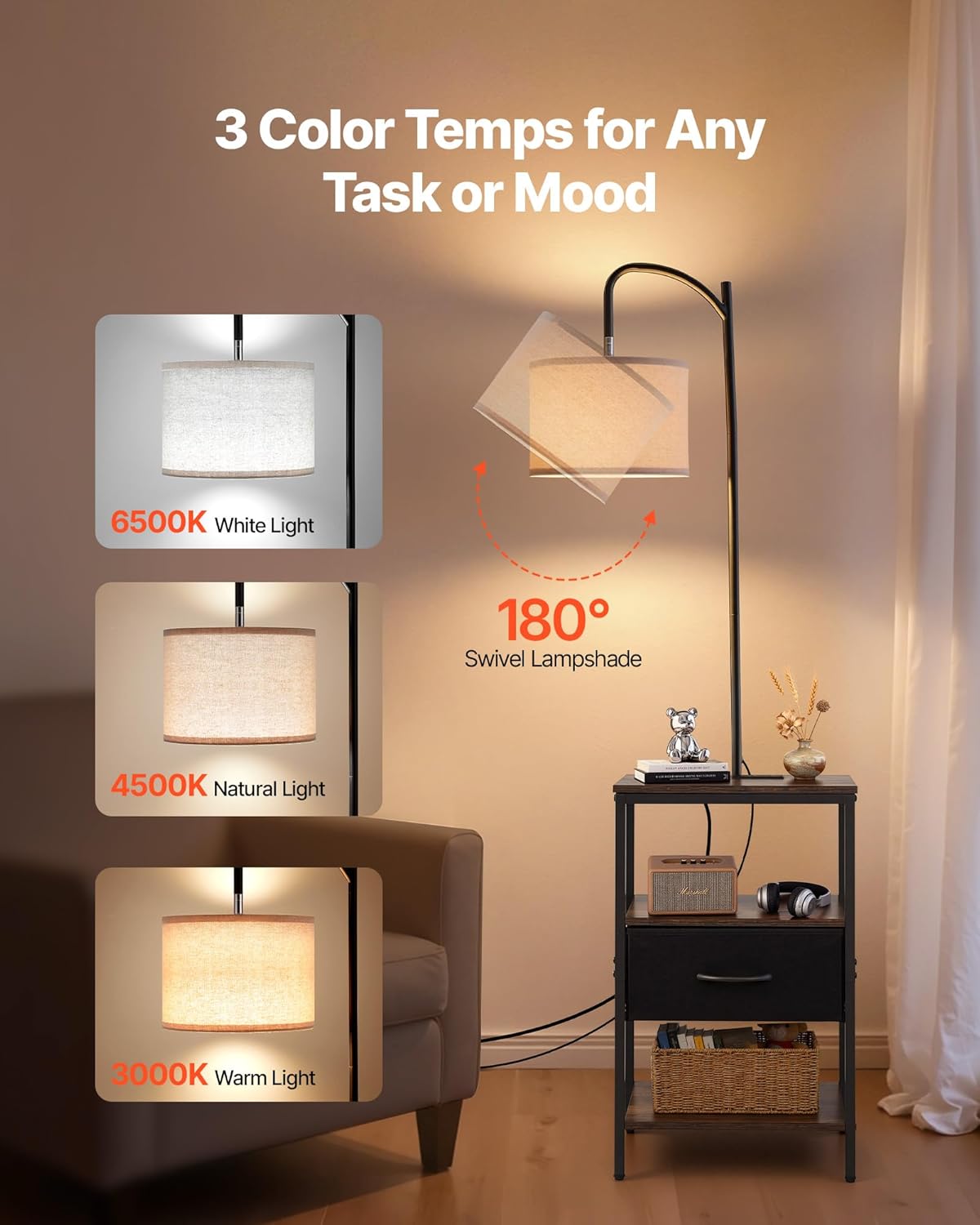VEVOR Floor Lamp with Table - 3-Tier End Table & 3 Color Temperature Lighting | Modern Bedside Desk with USB & AC Charging Ports