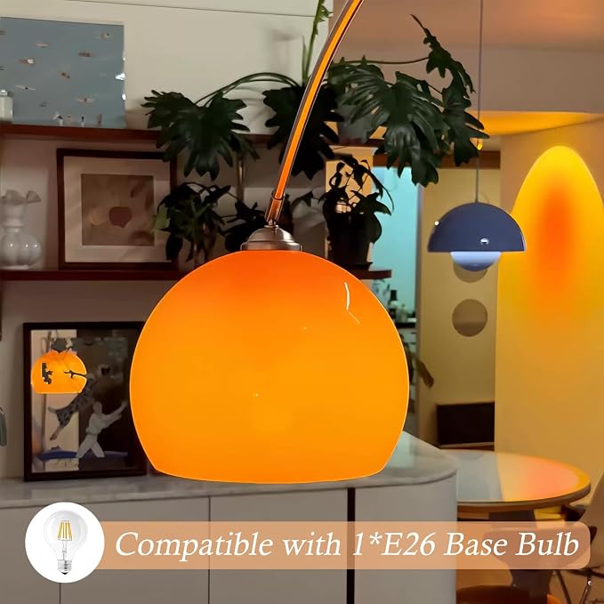 Orange Arc Floor Lamp with Acrylic Shade,Arch Reading Lamp Floor Standing,Mid Century Modern Orange Standing Lamp for Living Room Bedroom