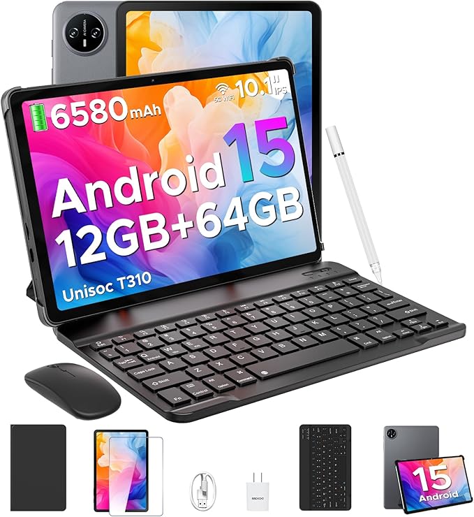 DOOGEE Tab A9 Android Tablet,10 inch Tablet,12GB+64GB/2TB TF,6580mAh Gaming Tablets,2.0GHz Quad Core,1280x800 IPS HD,Dual Speakers,5G WiFi,BT5.0,Face Unlock,Android 15 Tablet with Keyboard,Pen&Mouse