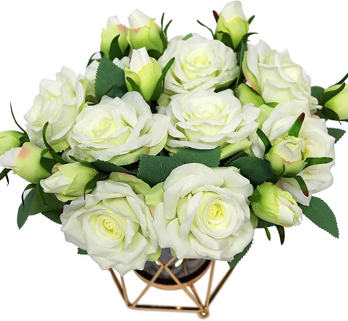 Faux Flowers with Vase, Silk Roses Bouquet Artificial Flowers in Vase, Fake Flowers Floral Arrangement for Home Decor Indoor, Table Centerpieces Flowers Decoration for Farmhouse (White)