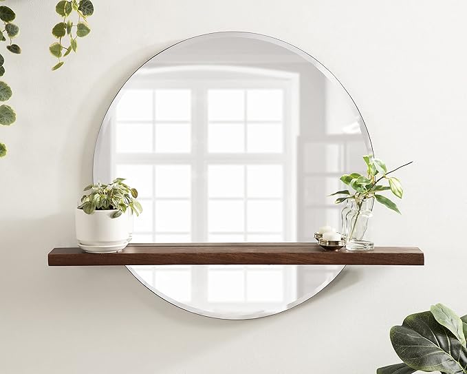 Kate and Laurel Fossett Frameless Round Wall Mirror, 24 Inch Diameter, Walnut Brown, Decorative Functional Mirror with Shelf for Storage and Display
