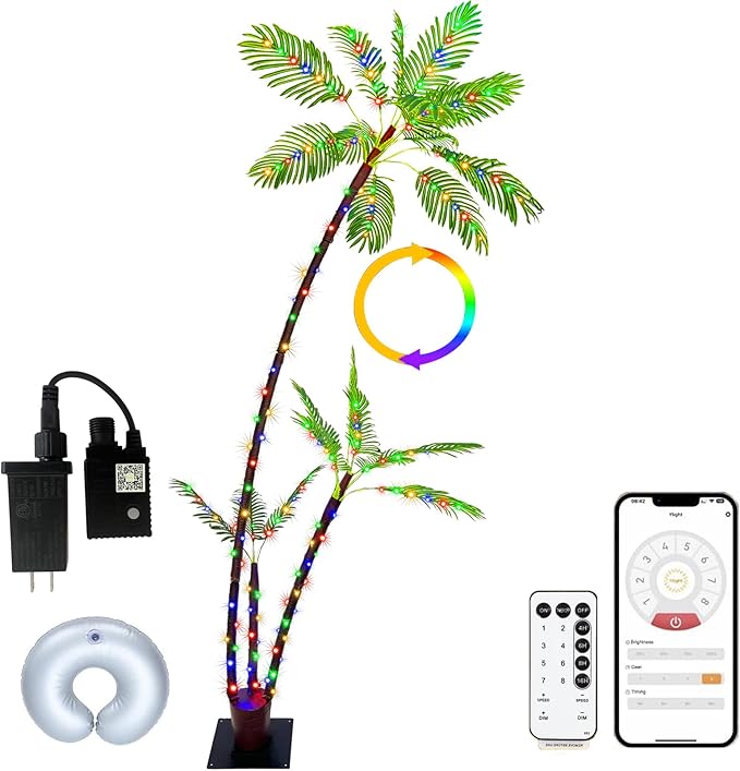 7FT Lighted Artificial Palm Tree with Three Trunks and 242 LED Lights with Remote Control and App Waterproof for Tiki Bars, Patios,Beaches,Yards Pool, Cruise Party-Warm White to Multicolor