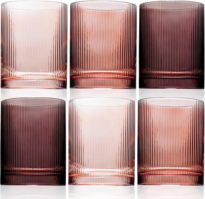 Physkoa 6-Piece Brown Ribbed Glassware Set –Vintage Drinking Glasses in Ochre, Umber & Espresso –8.5oz Tumbler Cups for Water, Juice, Iced Coffee, Whiskey, Cocktail –Aesthetic Colored Glasses