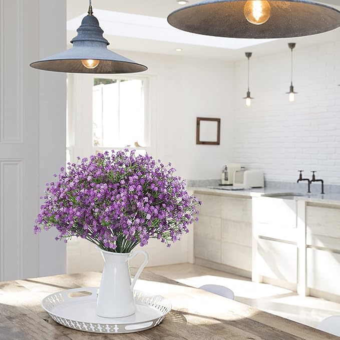 JIFTOK Babys Breath Artificial Flowers, 24 Pc Fake Flowers Gypsophila Bouquet Fall Flowers Artificial for Decoration, Real Touch Silk Flower for Wedding Christmas DIY Party Home Garden Office (Purple)