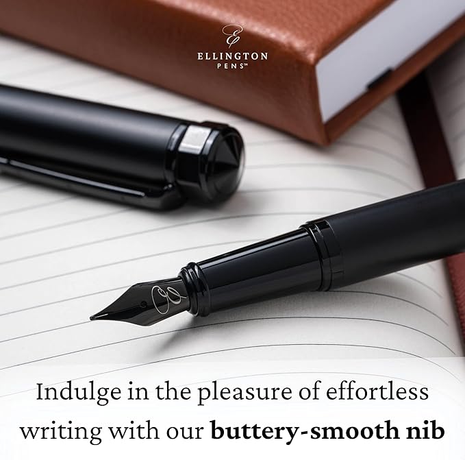 Ellington Pens Luxury Fountain Pen Set - Fountain Pens for Writing - Smooth Nib - 24 Ink Cartridges Special Bundle - Includes Refillable Ink Converter, Calligraphy, Journaling, Sketching (The Stealth)