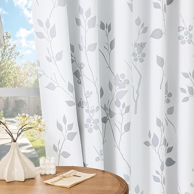 Beauoop Floral 100% Blackout Curtains 84 Inches Long 2 Panels for Bedroom Living Room Grey White Flower Patterned Room Darkening Thermal Insulated Soundproof Rod Pocket Back Tab Window Drapes, 52X84
