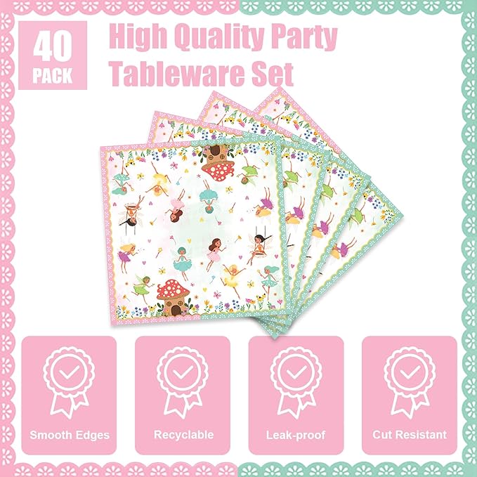 40Pcs Fairy Birthday Party Decorations Pink Flower Baby Shower Paper Plates and Napkins Party Supplies Fairy First Birthday Decorations