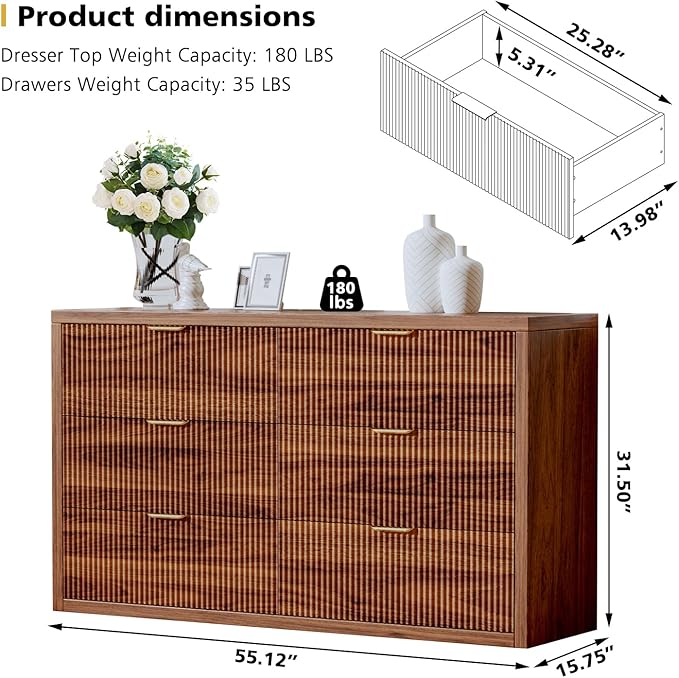 55.12" Modern Chest of Drawer, 6 Deep Drawers,Clothes Organizer,Large Storage Cabinet for Living Room, Bedroom,Dresser TV Stand, Wood Drawer Organizer for Living Room, Hallway, Saddle