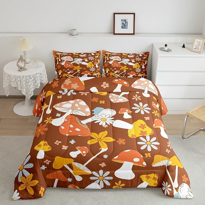 Castle Fairy 60s 70s Retro Hippie Comforter Set Full Size,Groovy Flowers Mushroom Print Bedding Comforters for Girls Teens,Boho Art Down Comforter with 2 Pillowcases,Chic