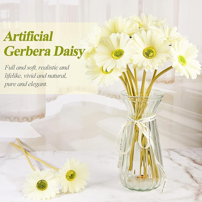 WILLBOND 24 Pieces Artificial Gerbera Daisies Flowers Fake Daisy Faux Boho Daisy Flowers Bouquet 15 in for Boho Birthday Decorations Wedding Home Decor (White)