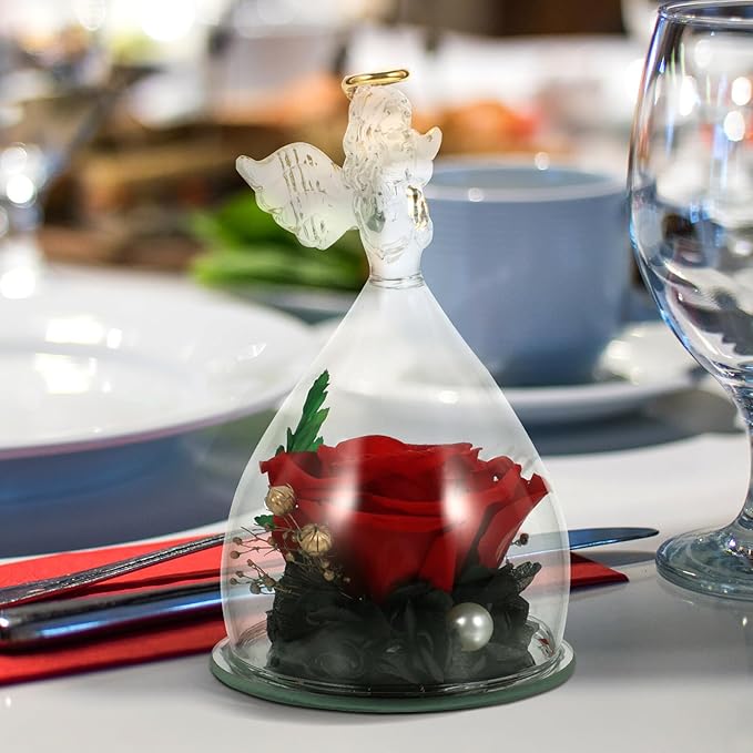 Garneck Eternal Preserved Rose with Angel Figurines in Glass Dome Romantic Desktop Ornament for Birthday Mother's Day Wedding Floral Decoration
