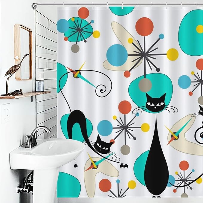 Mid Century Modern Cat Shower Curtain,Retro Abstract Atomic Starburst Geometric Diamond Pattern Shower Curtains Set for Bathroom Fabric Decorative Bath Curtain Washable Curtain Hooks, 72x72”