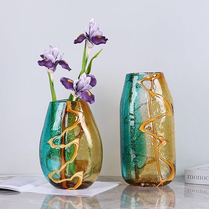 Pretty Hand Blown Glass Vase, Colored Glass Flower Vases Home Decor, Amber and Teal Decorative Murano vase for Living Room Office Bedroom Coastal Table Centerpieces Gift