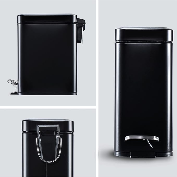 Home Zone Living 1.3 Gallon Small Bathroom Trash Can with Lid and Step Pedal, Stainless Steel Wastebasket with Slim Design for Home and Office, Matte Black, 5 Liters
