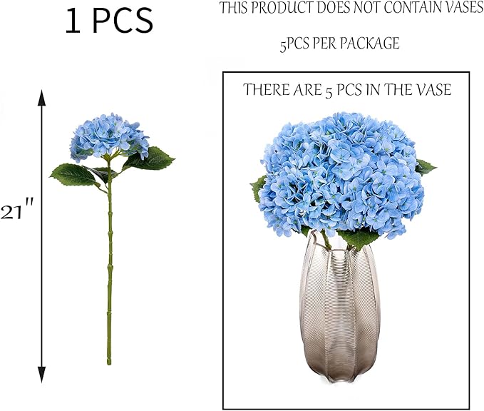 Kimura's Cabin 5Pcs 21inch Realistic Blue Artificial Hydrangea Flowers Real Touch Faux Hydrangeas with Stem Bouquet for Wedding Home Baby Shower Party Table Centre Decoration(Blue)