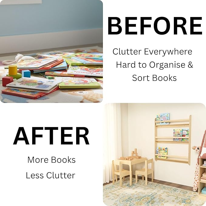 Montessori Wall-Mounted Bookshelf for Toddlers Toy Storage Shelf Organizer for Playroom and Classroom Floor Bookshelves for Kids Room (Natural, XL, 3)
