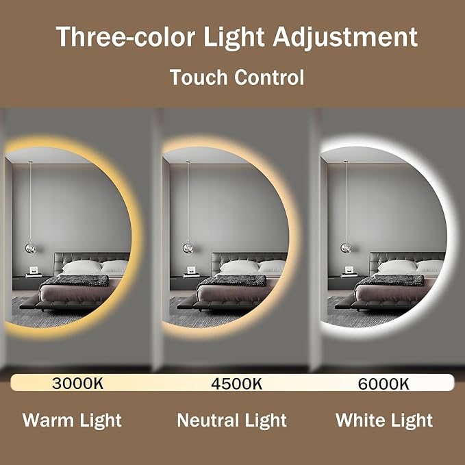 Modern Smart Anti-Fog Bathroom Mirror with Lights, Half Moon LED Wall Mirror, 3 Colors Dimmable Makeup Vanity Mirror, Large Frameless Decorative Mirror for Living Room(Left Cut,35"x24")