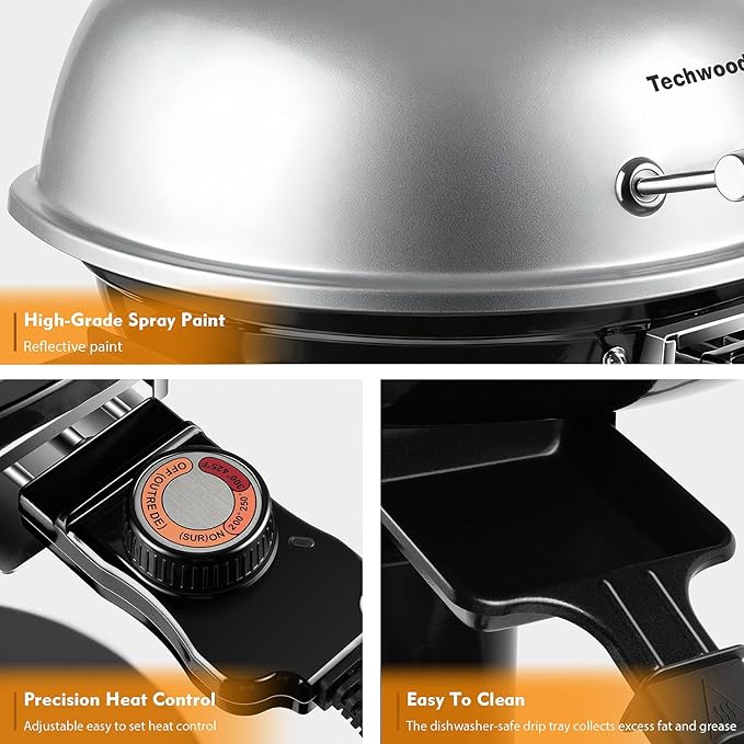 Electric Grill, Techwood Indoor/Outdoor Electric BBQ Grill, 1600W Portable Removable Stand Grill with Adjustable Heat & Drip Tray, Double Layer Design for Party, Patio & Backyard, Dust Cover(Silver)