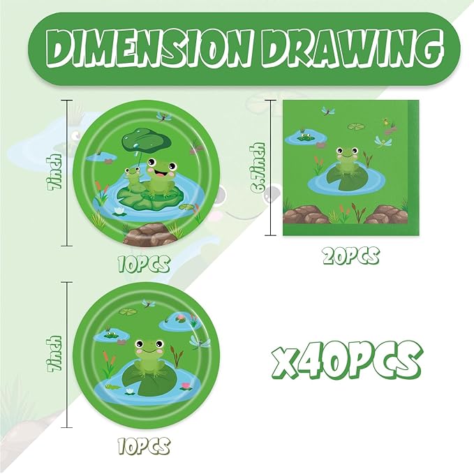 Frog Birthday Decorations 40Pcs Green Birthday Paper Plates and Napkins Supplies Frog Party Decorations for Baby Shower Party Favors