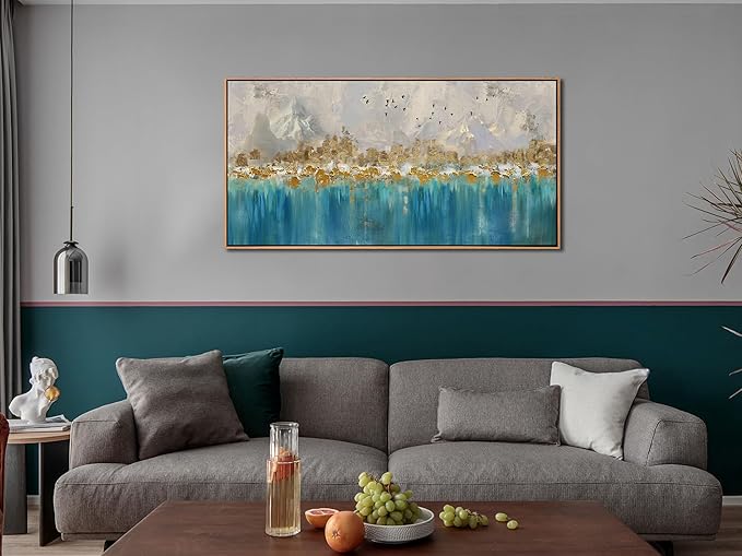 Arjun Framed Abstract Wall Art for Living Room Gold Blue Textured Canvas Art Wall Decor Bedroom Painting, Modern Picture Grey Mountain Artwork Home Office Wall Decoration, Large 40"x20"