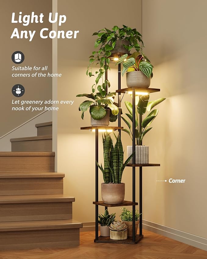 GENTINGBRO Corner Plant Stand Indoor 6 tiered plant shelf for Multiple Plants tall plant holder plant table metal shelving for Living Room Bedroom Balcony Patio Brown Oak with Light