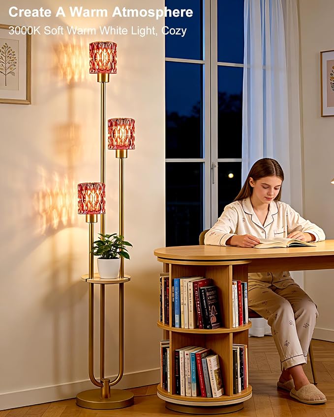 62IN Gold Floor Lamp with Deep Red Glass Shade 3-Lights Mid-Century Modern Farmhouse Floor Lamps with 3000K Warm White Bulbs, Tall Standing Lamp with 5Lbs Heavy Base for Living Room/Bedroom