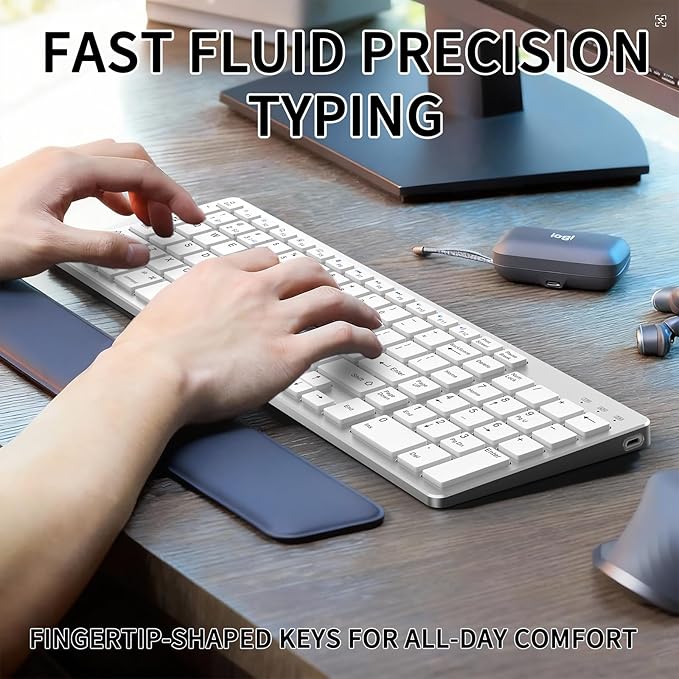 JKSML Wireless Keyboard with 102 Keys, Bluetooth and 2.4 GHz Wireless, Low Profile, Number Pad, Fluid Quiet Typing, 12 Programmable Keys, USB C Rechargeable, for Phone, Tablet, PC, Laptop, TV - White