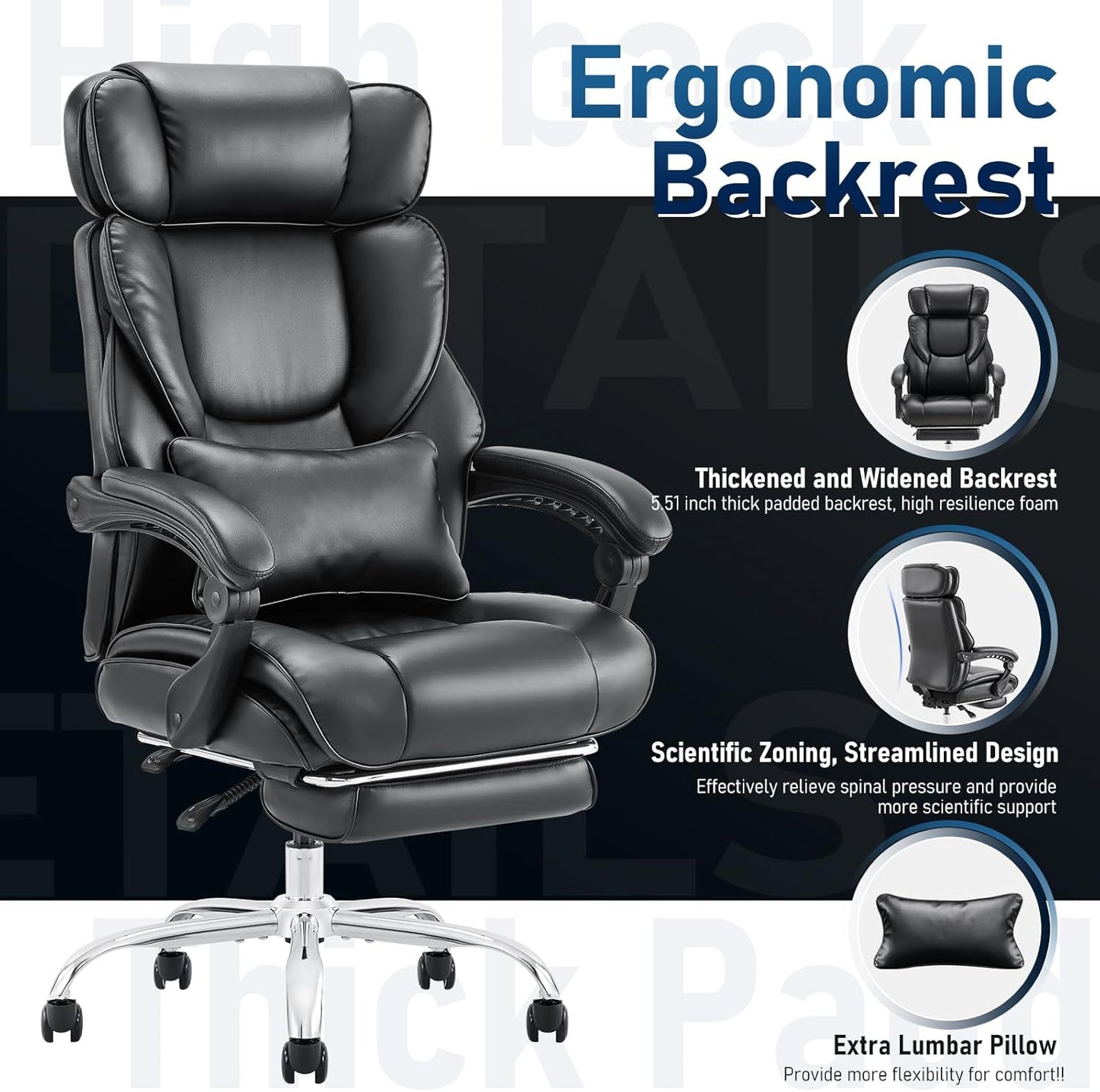 Skiennix High Back Office Chair - Ergonomic Bonded Leather with Adjustable Headrest & Footrest | Black