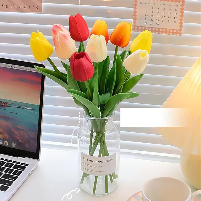 15PCS Artificial Tulips Flowers,Real Touch 14" Silk Fake Tulips,Bulk Fake Flowers,Faux Flowers,Artificial Flowers for Home Kitchen Office Dining Room Wedding Decorations (Colorful)