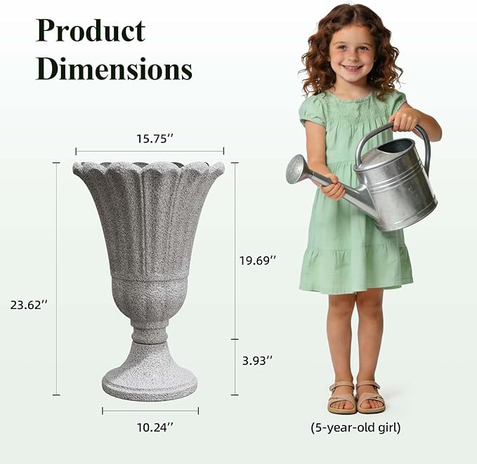 Tall Plastic Urn Planters for Outdoor Plants Set of 2-23.6" H Classic Petal Design Indoor Large Flower Pots with Drainage Holes, Outdoor Planters for Porch Decor/Garden Vase, Grey