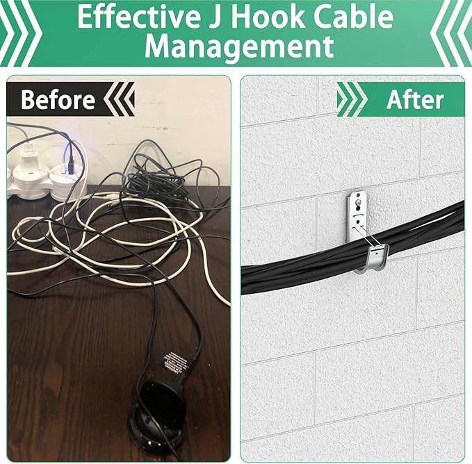 IRENPORU 100 Pack 2 Inch Cable Support J Hook Wall Mount J Hook with Retainer Clip, Galvanized Steel for Cable Management & Organization Solution
