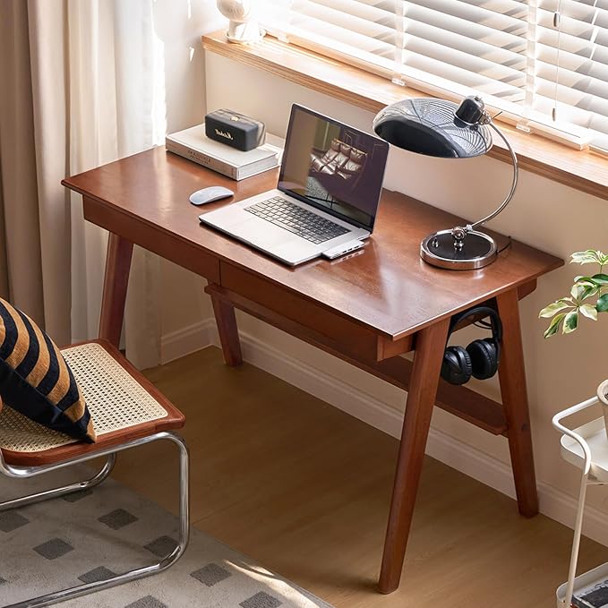 100% Solid Rubber Wood Desk Home Office Desk Mid Century Modern Writing Computer Desk with Drawer for Home Office 39"