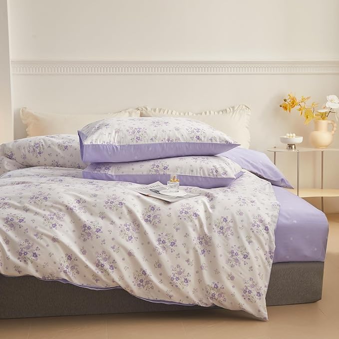 LifeTB Purple Floral Comforter Set Twin XL Fluffy Soft Microfiber Girls Garden Floral Bedding Comforter Botanical Flowers Comforter with 2 Pillowcases Vintage Aesthetic Bedding Twin XL Comforter Set
