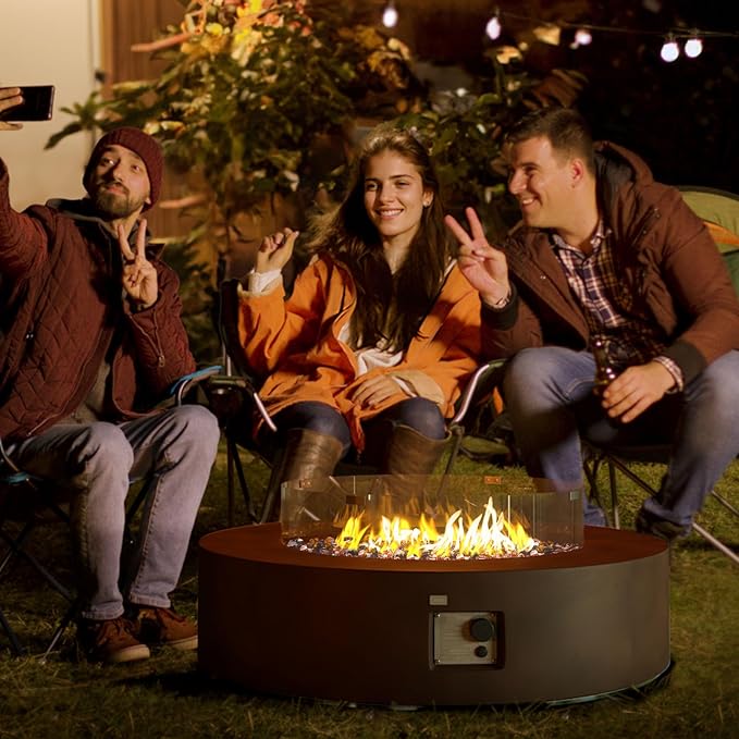 COSIEST Outdoor Propane Fire Pit Coffee Table w Bronze 42 inch Round Base Patio Heater, Certified, 50,000 BTU Stainless Steel Burner, Wind Guard, Transparent Gray Fire Glass, Waterproof Cover