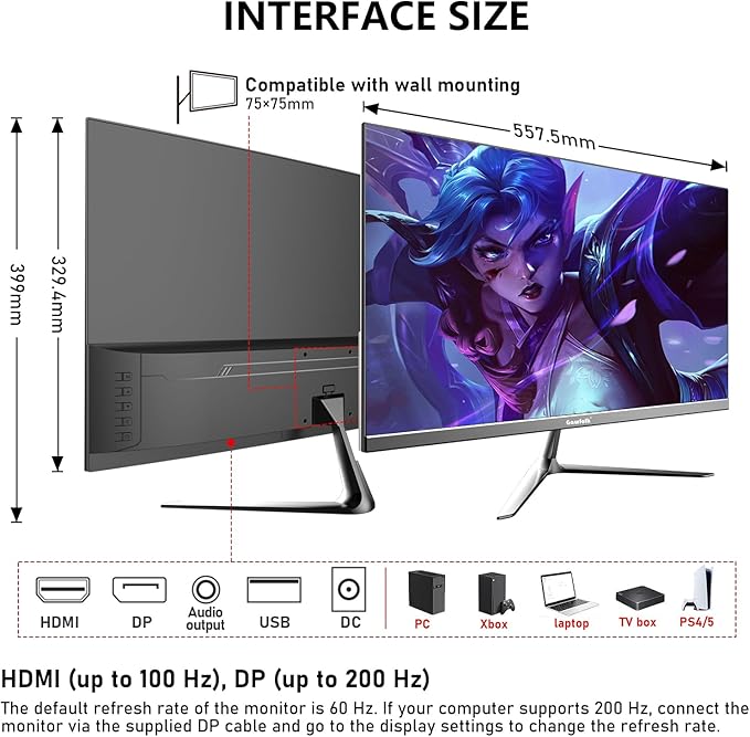 Gawfolk 24.5 Inch PC 300Hz Gaming Monitor, FHD 1080p Screen,Adaptive Sync,1ms Without Bezel, 98% sRGB, 178 ° Angle View, HDMI、DisplayPort, Compatible with Wall mounting 75 * 75MM - Black