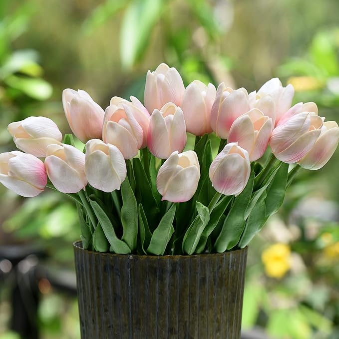 FiveSeasonStuff Real Touch Tulips Artificial Flowers – 15 Stems Faux Tulip Bouquet in Gift Box for Wedding, Home Decor, Party, Floral Arrangements (Jaipur Soft Pink)
