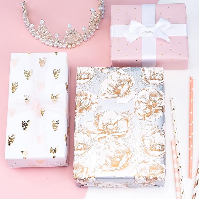 MAYPLUSS Pink Valentine's Day Wrapping Paper Roll - Mini Roll - 17in x 120in Per roll - Gray Floral,Gold foil Heart,Pink Polka Dots (3 Rolls 46.5sqft) For Birthday,Party,Girl,Wedding.Women
