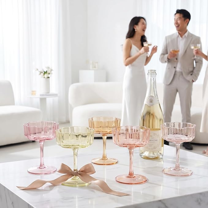Summer Flower Scalloped Vintage Wavy Petals Wave Glass Coupes 7oz Colorful Martini, Champagne & Cocktails, 5 Set Colored Rippled Champagne Glasses, Elegant Bar Glassware, Aesthetic Coupe Glassware