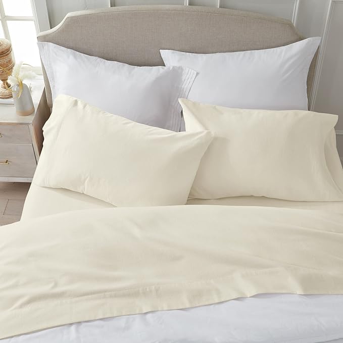 Market & Place 100% Turkish Cotton Flannel Sheet Set | 4 Piece Deep Pocket Solid Cozy Winter Bed Sheets | Double Brushed for Extra Softness & Comfort | Chalet Collection (Full, Ivory)
