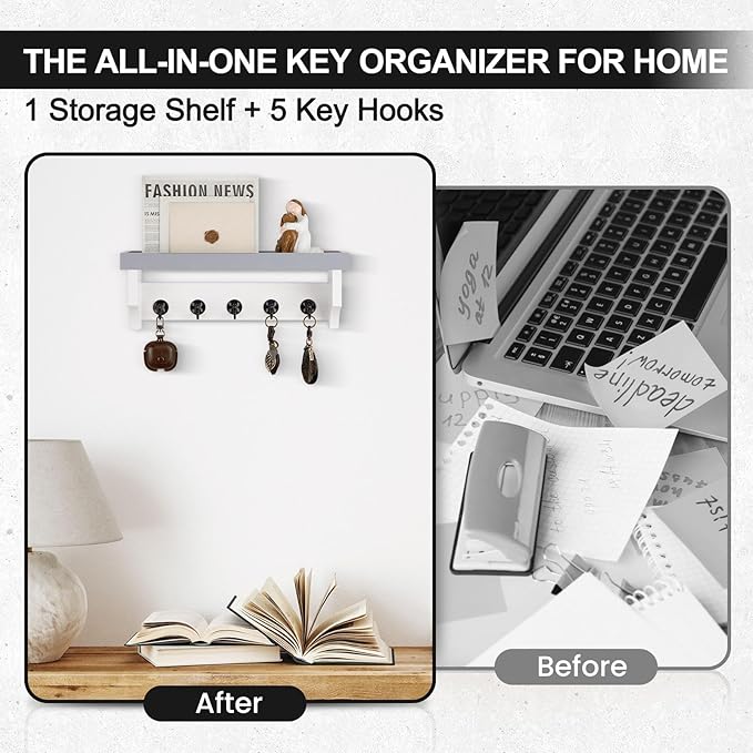 Lucundm Key and Mail Holder Wall Mount, Key Holder with Shelf and Mail Organizer Wall Mount. Mail Holder with 5 Hooks for Coat, Dog Leash, Home Decor Rack, Entry Way Organizer (Gray & White)