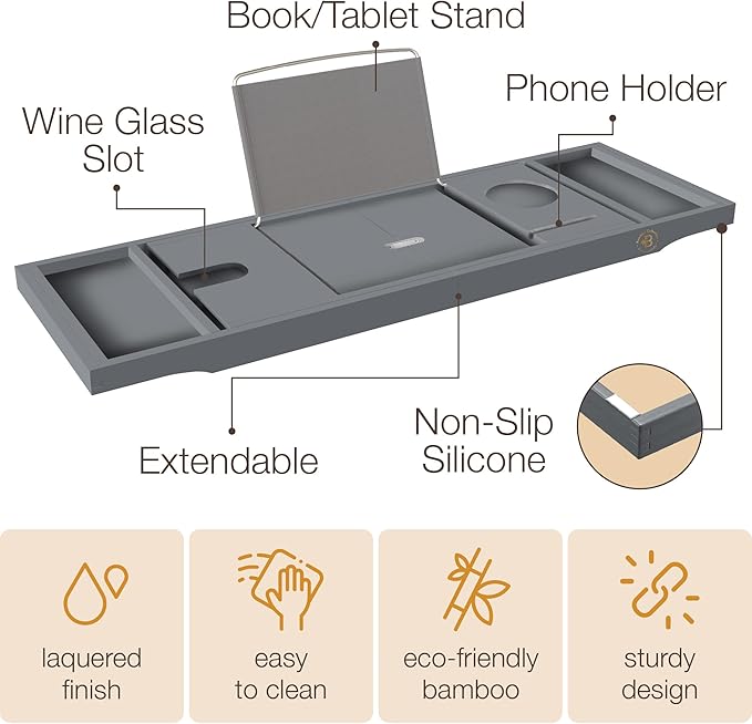 Gray Bathtub Tray for Tub - Grey Bamboo Bath Tray, Expandable Wooden Bath Caddy Tray with Wine Holder, Book and Tablet Stand, Bathroom Accessories, Tub Table, Bridal Shower Gifts for Women