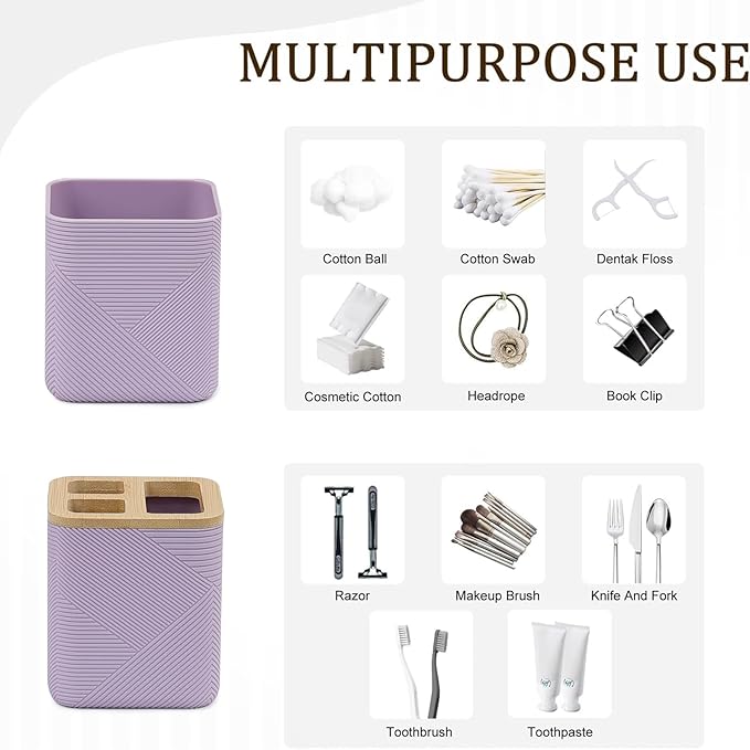 CERBIOR Bathroom Accessories Set 6 Piece Bamboo Bath Ensemble Includes Soap Dispenser, Toothbrush Holder, Toothbrush Cup, Soap Dish for Decorative Countertop and Housewarming Gift (Purple)