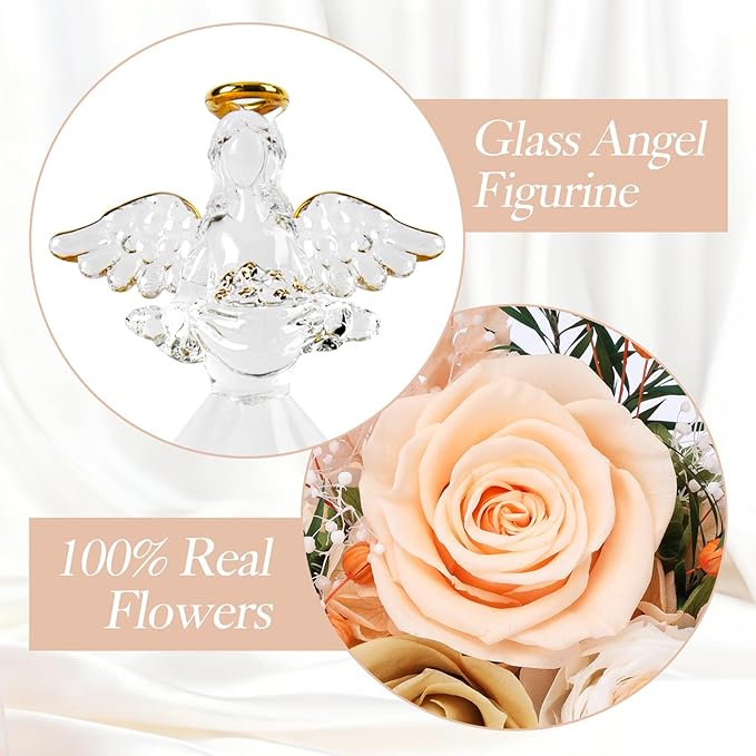 Christmas Rose Gifts for Women, 7" Champagne Preserved Roses Flowers in Glass Angel Figurine, Birthday Gift for Mom Wife Grandma, Eternal Rose for Mothers Day Valentines Anniversary