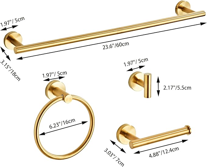 Brushed Gold Bathroom Hardware Set 10 Piece with Towel Racks for Bathroom, SUS304 Stainless Steel Bath Towel Bar Set, 24 Inch Wall Mounted Accessories Kit…