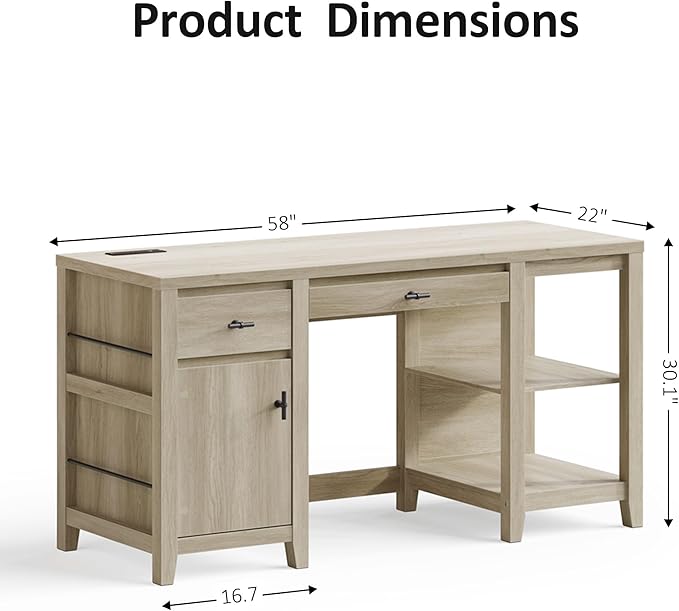 58" Executive Desk with Foldable Keyboard Tray and Charging Station, Farmhouse Wood Home Office Desk with Drawers and Magazine Rack, Large Writing Computer Desk for Home Office and Study, Brown