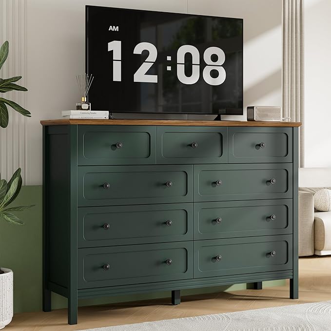 Dresser for Bedoom, Modern Chest of Drawers, Wood 9 Drawer Dresser with Metal Handles, Storage Organizer Wide Dressers for Living Room, Hallway, Entryway, Green
