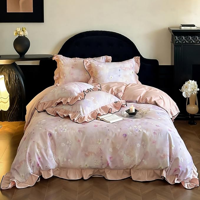 HighBuy Brushed Cotton Duvet Cover Full Ruffle Lace Floral Bedding French Style Floral Print,Vintage Duvet Cover Set Blush Flower Shabby Chic Bedding Comforter Cover Set，Soft and Breathable